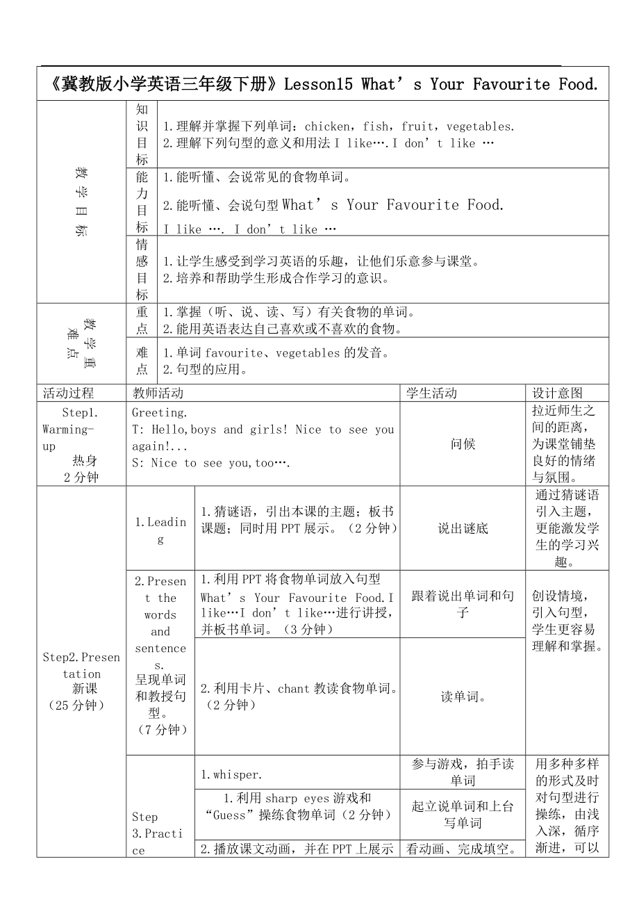 （三起）冀教版三年级下册-Unit 3 Food and Meals-Lesson 15 What’s Your Favourite Food -ppt课件-(含教案)-省级优课-(编号：41bc2).zip