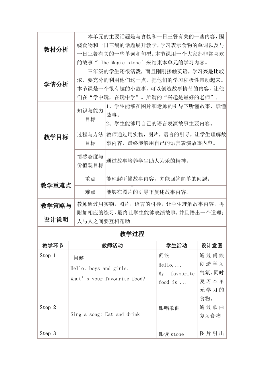 （三起）冀教版三年级下册-Unit 3 Food and Meals-Lesson 18 The Magic Stone-教案、教学设计--(配套课件编号：a0727).doc_第1页