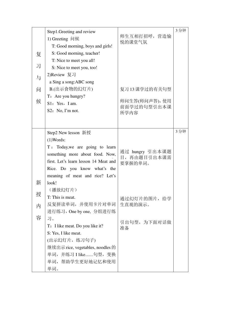 冀教版二下-Unit 3 Food and Drink-Lesson 14 Rice and Meat-教案、教学设计--(配套课件编号：52141).doc_第3页