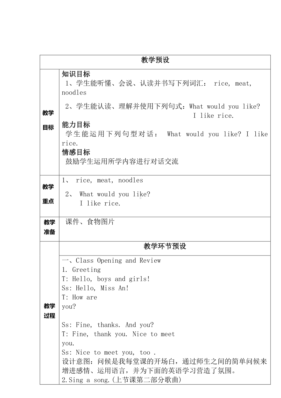 冀教版二下-Unit 3 Food and Drink-Lesson 14 Rice and Meat-教案、教学设计--(配套课件编号：c2075).docx_第1页