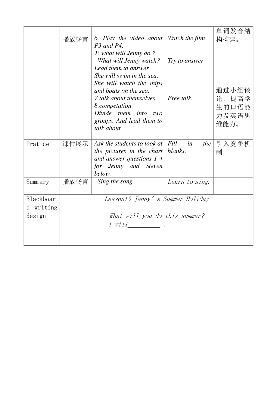 冀教版（一起）六下Unit 3 Summer Is Coming-Lesson 13 Jenny's Summer Holiday-教案、教学设计-公开课-(配套课件编号：90356).doc_第3页