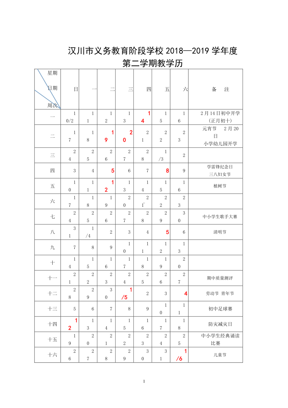 （汉川市XX乡八一中心小学）2019春教学历.doc_第1页