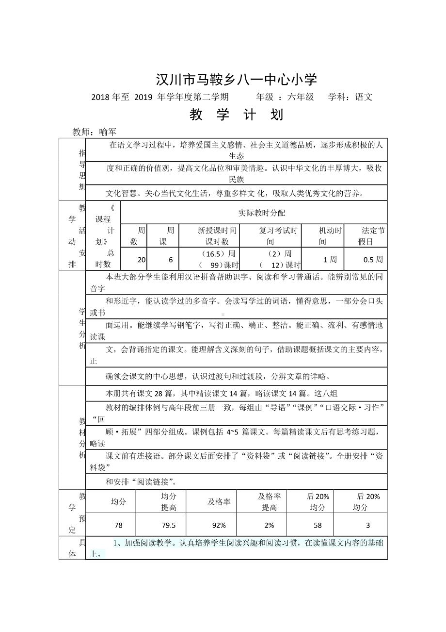 （汉川市XX乡八一中心小学）六年级（下）语文计划3.doc_第1页