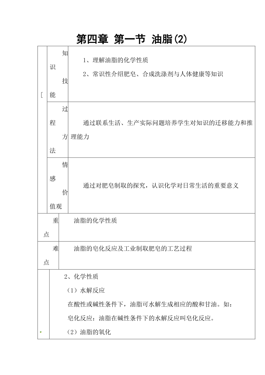 人教版高中化学 第四章 第一节 油脂(2)教案 选修5.doc_第1页