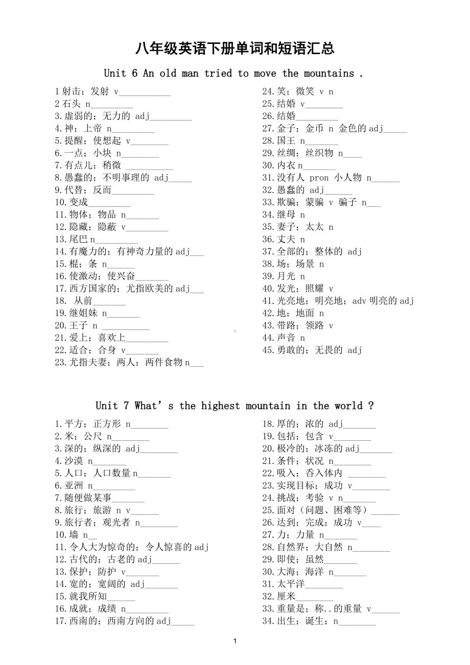 初中英语八年级下册单词和短语汇总整理（包含所有重点）（直接打印每生一份熟记）.doc_第1页