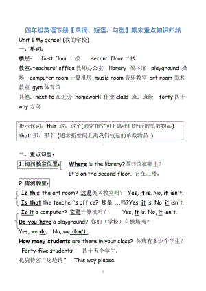 人教版PEP四年级下册英语（单词、短语、句型）期末重点知识归纳.pdf