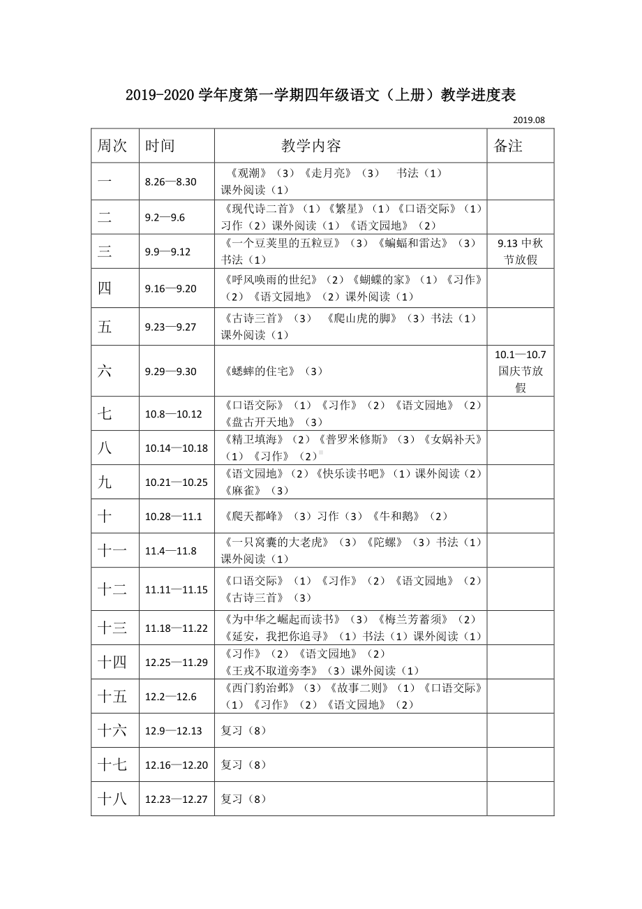 最新部编人教版四年级上册语文教学进度表.doc_第1页