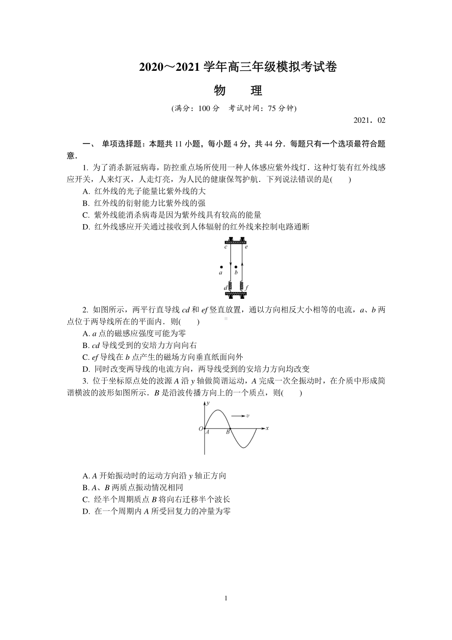 江苏省苏州市2021届高三下学期期初模拟考试（2月）物理 Word版含答案.DOC_第1页