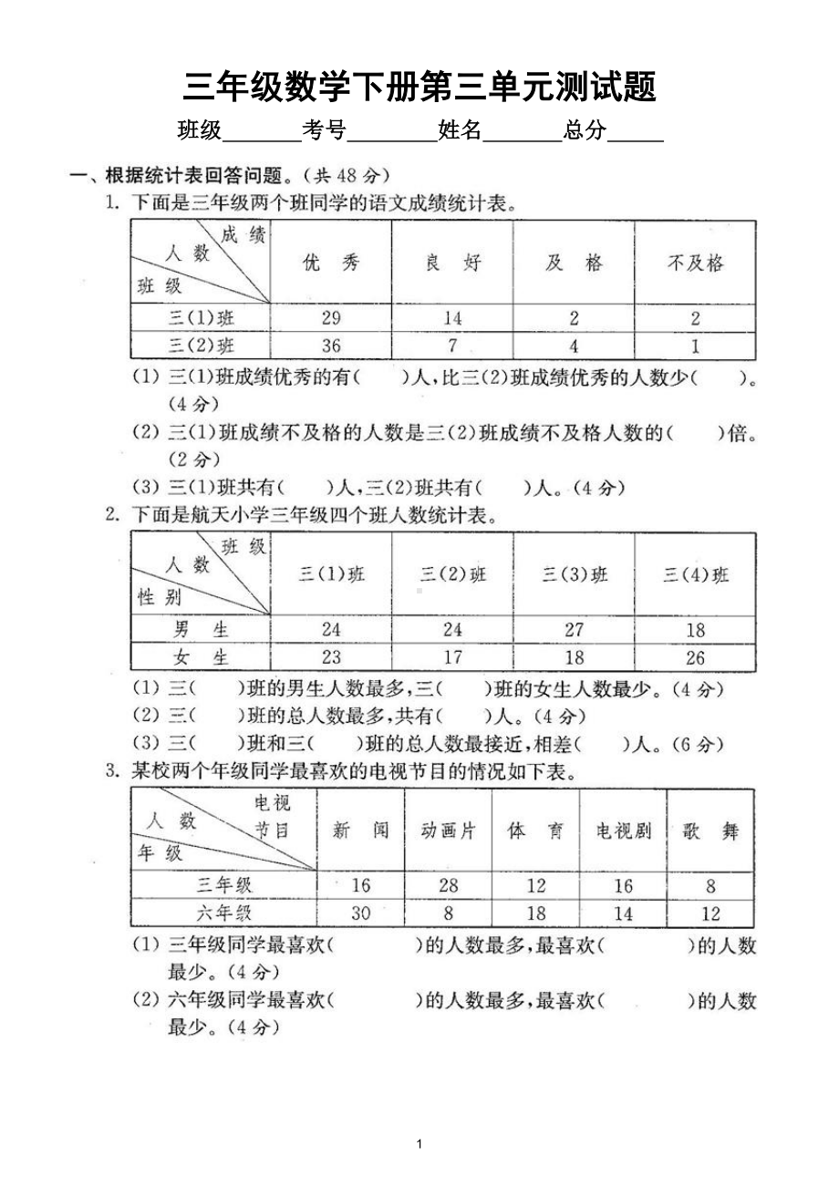 小学数学人教版三年级下册第三单元《复式统计表》测试题4.doc_第1页