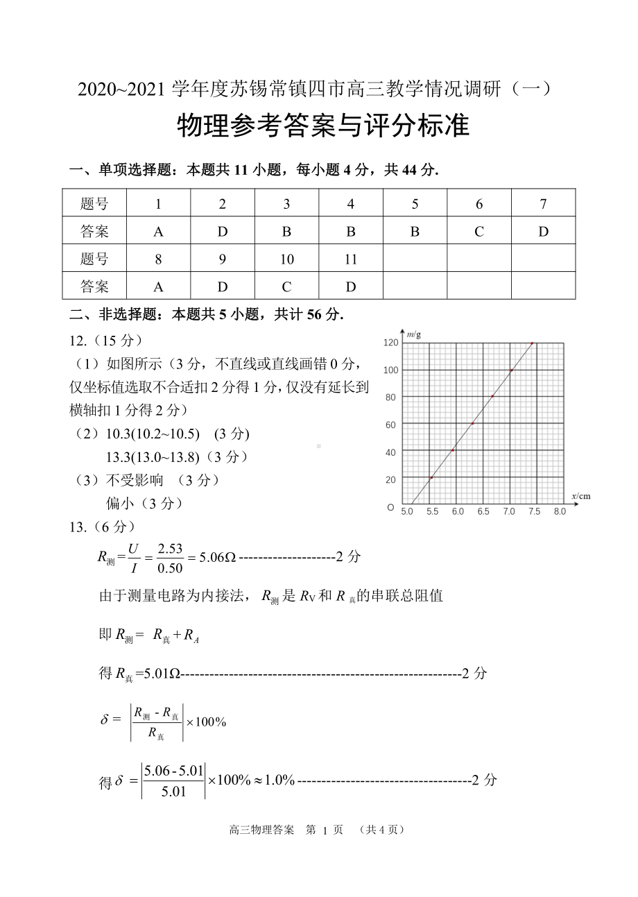 江苏省苏锡常镇四市2021届高三教学情况调研（一）物理答案.pdf_第1页