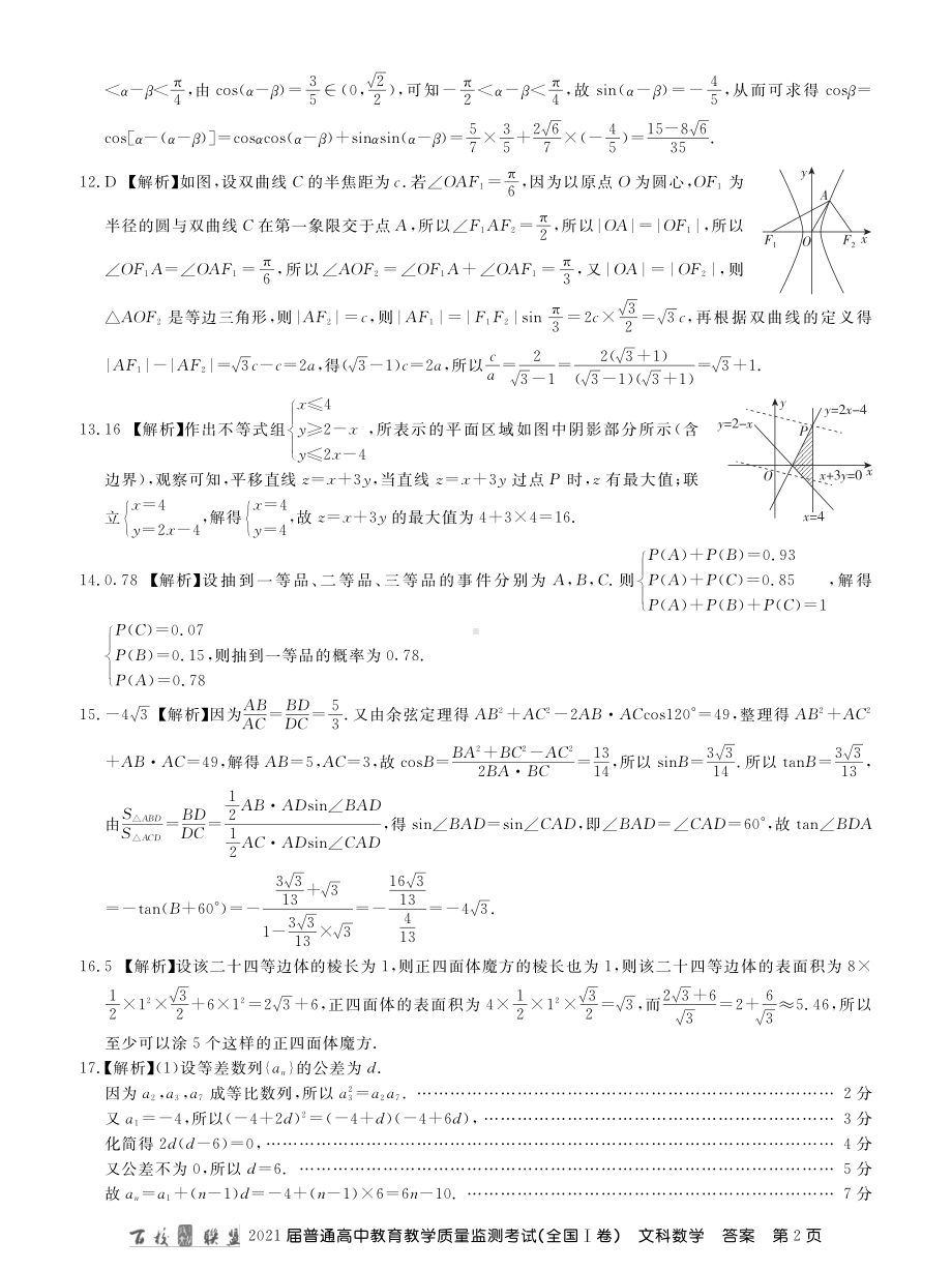 百校联盟 2021届高中教学质量监测 全国一卷 文数答案.pdf_第2页