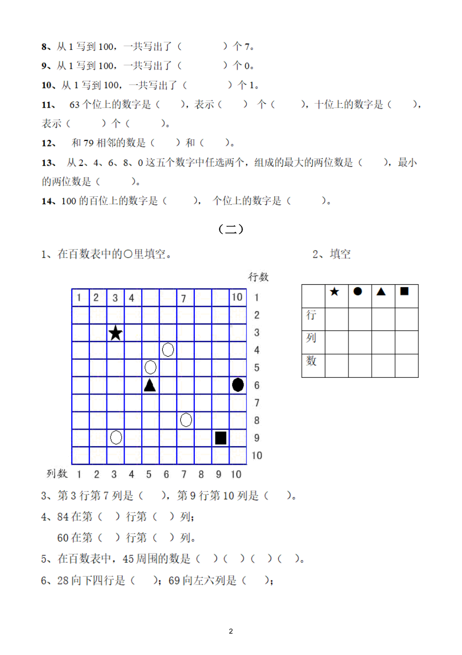 小学数学一年级下册《百数表》专项练习（共4组）.doc_第2页