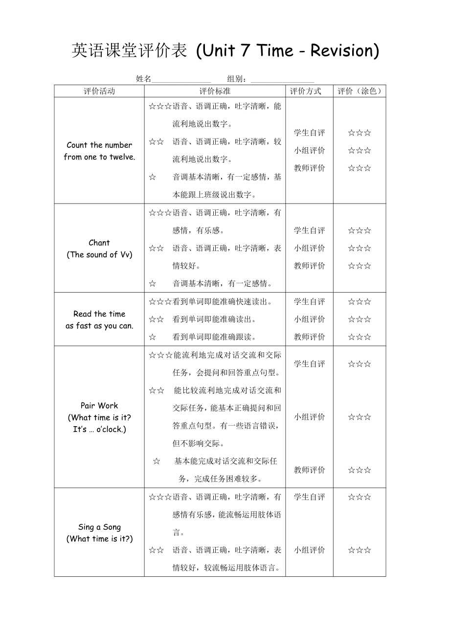 广东版（开心英语）三年级下册unit 7 Time-Lesson 3课堂评价表.doc_第1页