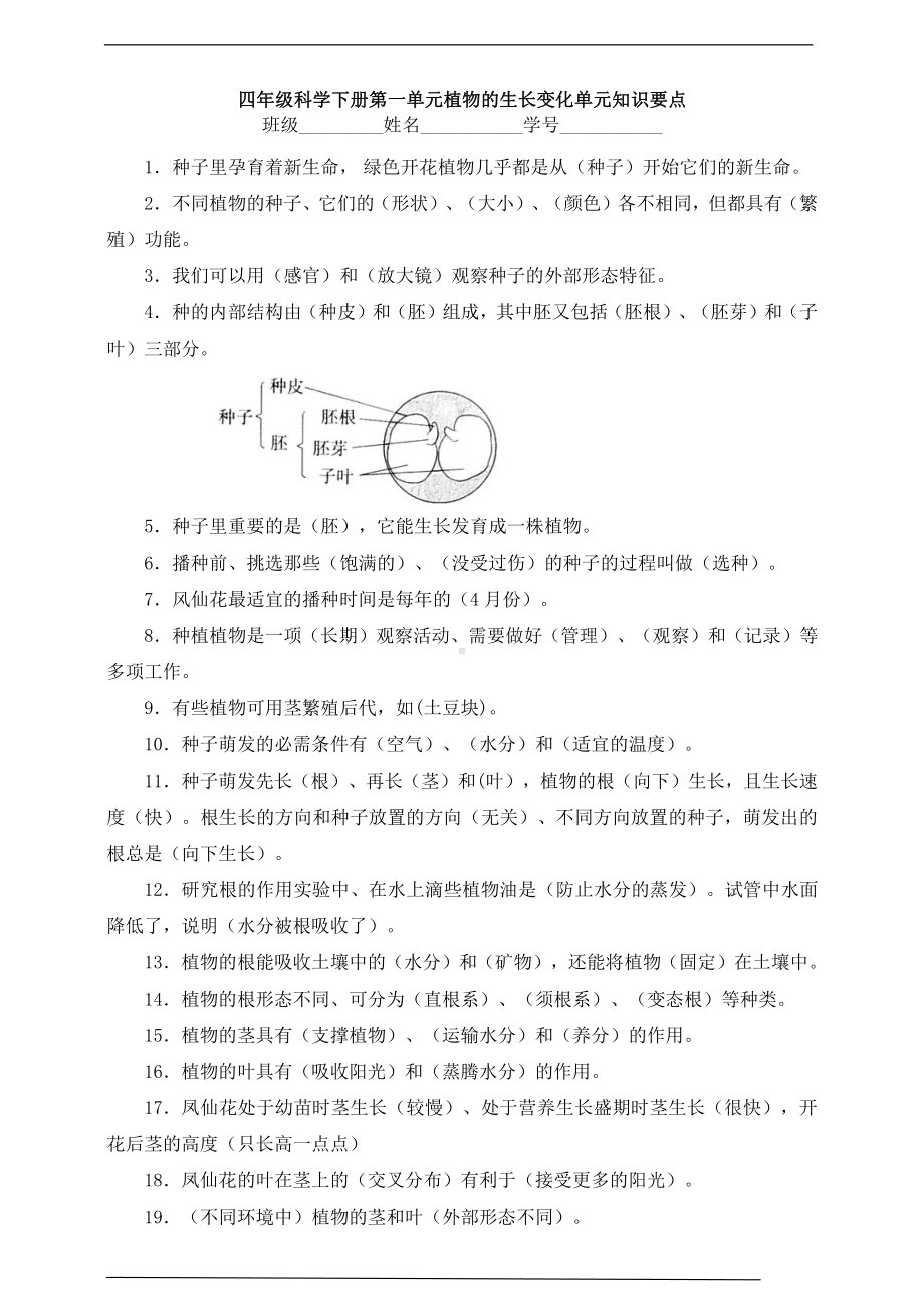 2021新教科版四年级下册科学第一单元植物的生长变化单元知识要点.doc_第1页