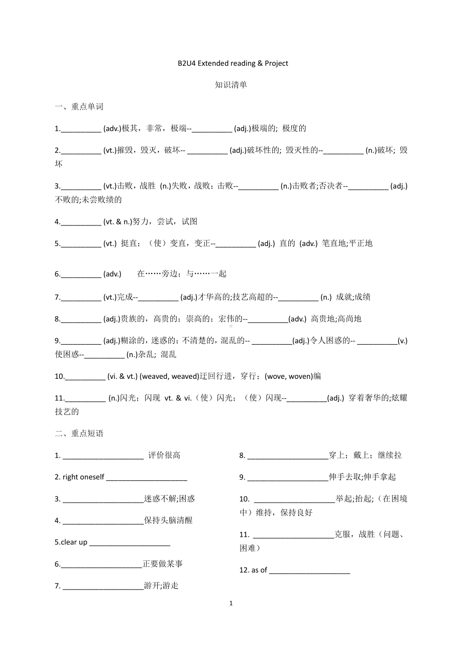 (2021新版)牛津译林版必修二英语Unit 4 Extended reading & Project 重点单词短语句型填空+同步过关练习 （含答案）.docx_第1页