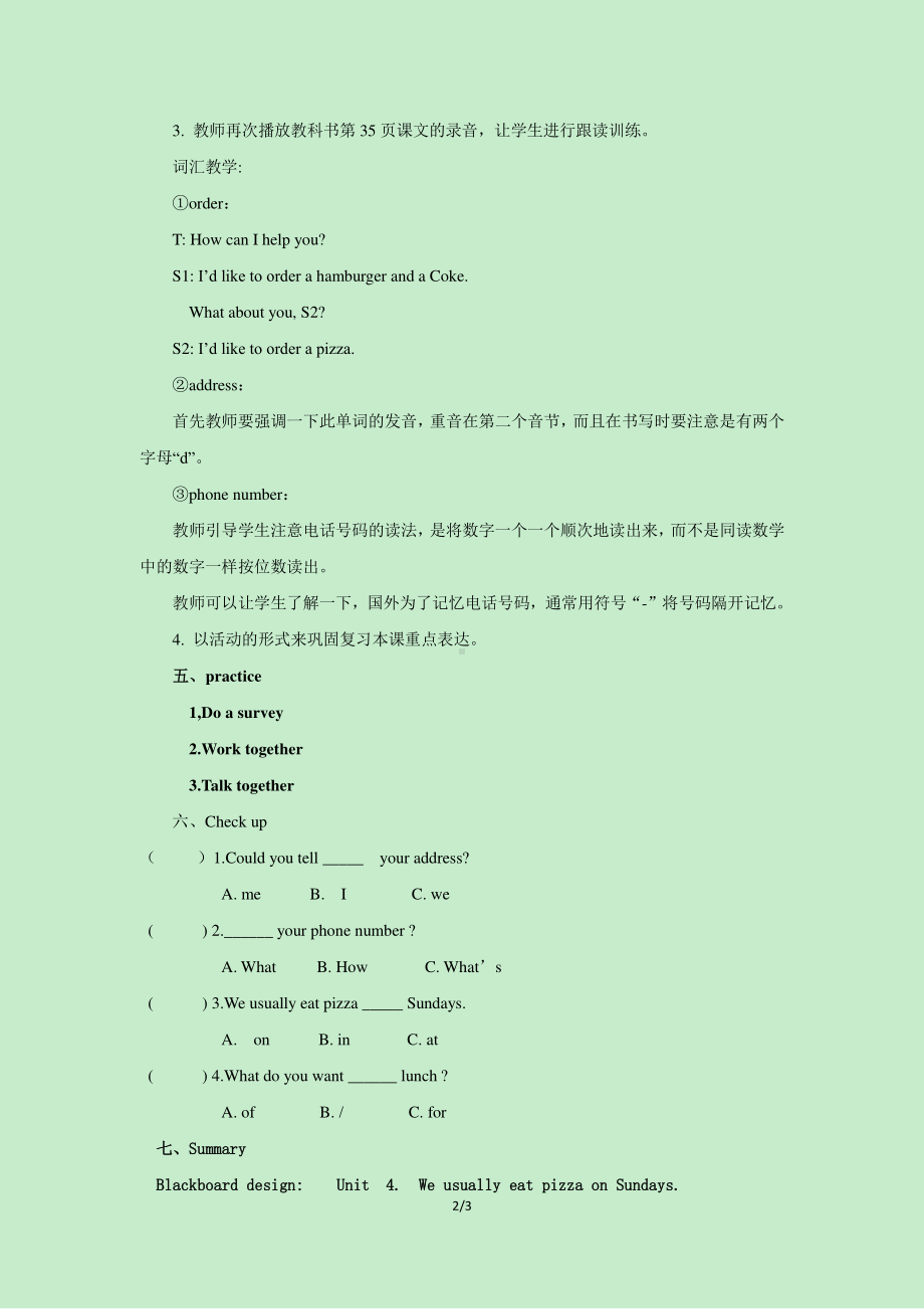 教科EEC版六下Unit4 We Usually Eat Pizza on Sundays-Class 2 Textbook p.35-教案、教学设计--(配套课件编号：12197).doc_第2页