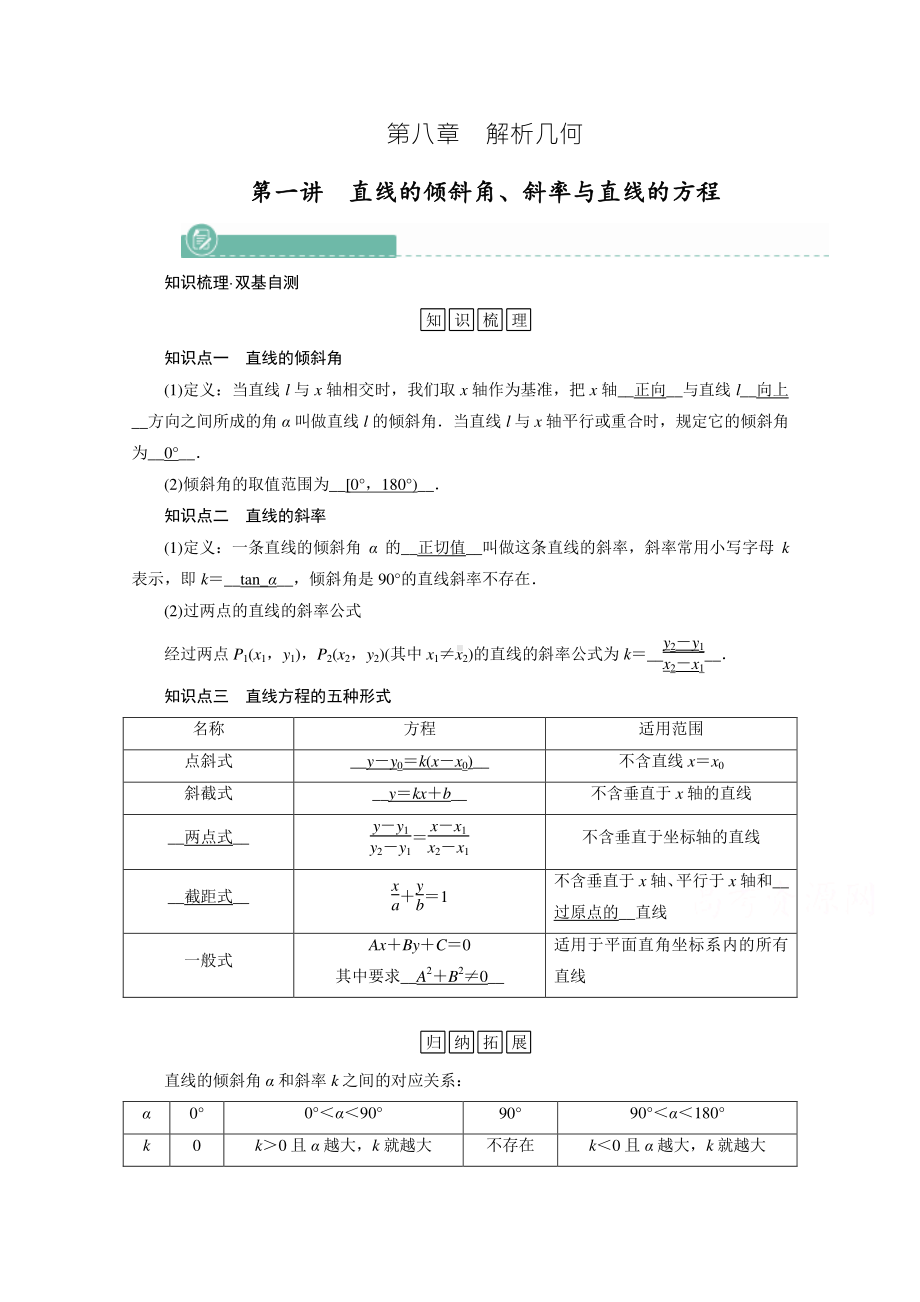 2022年旧高考（人教版）数学一轮教学案：第八章第一讲　直线的倾斜角、斜率与直线的方程 （含解析）.doc_第1页