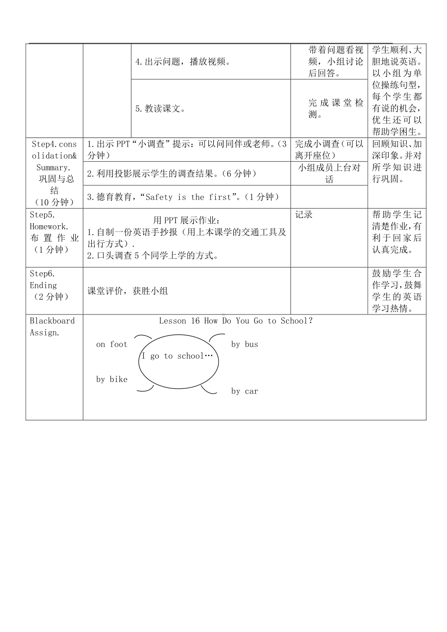 冀教版（三起）四下Unit 3 All about Me-Lesson 16 How Do You Go to School -教案、教学设计-省级优课-(配套课件编号：80517).doc_第2页