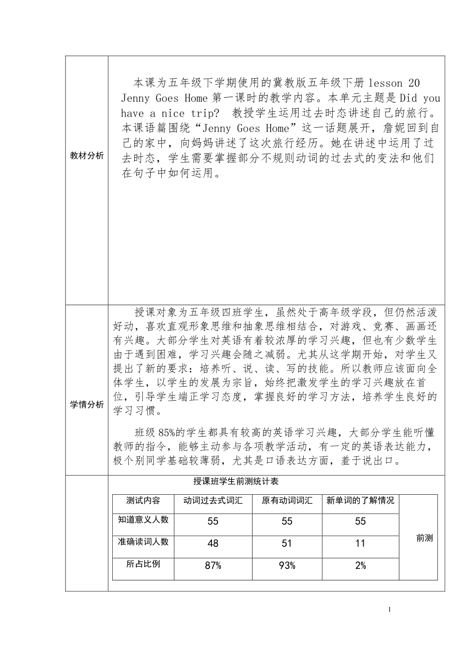 冀教版（三起）五下-Unit 4 Did You Have a Nice Trip -Lesson 20 Jenny Goes Home-教案、教学设计-市级优课-(配套课件编号：30229).docx_第1页