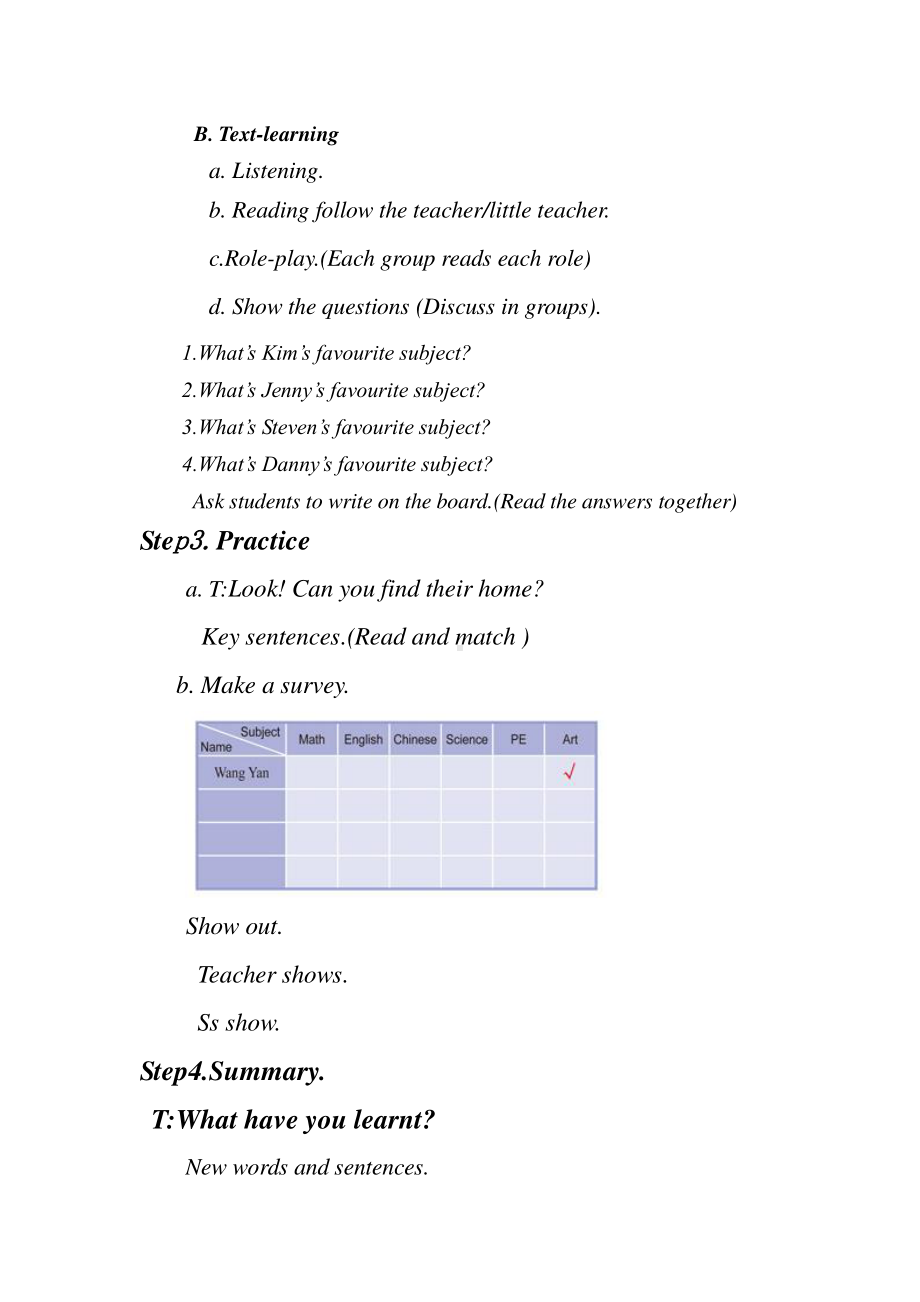 冀教版（三起）四下Unit 4 My Favourites-Lesson 22 My Favourite Subject-教案、教学设计-省级优课-(配套课件编号：04e86).doc_第3页