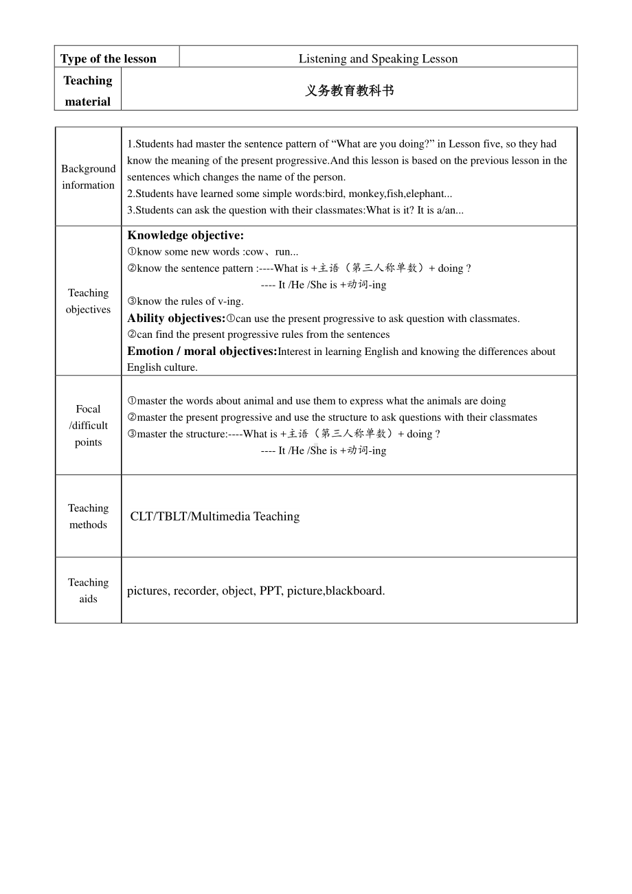 接力版四年级下册英语-Lesson 6 What is it doing -教案、教学设计--(配套课件编号：80366).doc_第1页