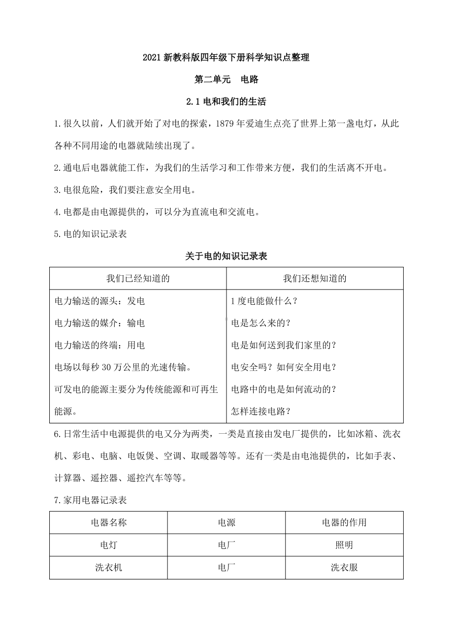 2020-2021新教科版四年级下册科学第二单元《电路》知识点整理.pdf_第1页