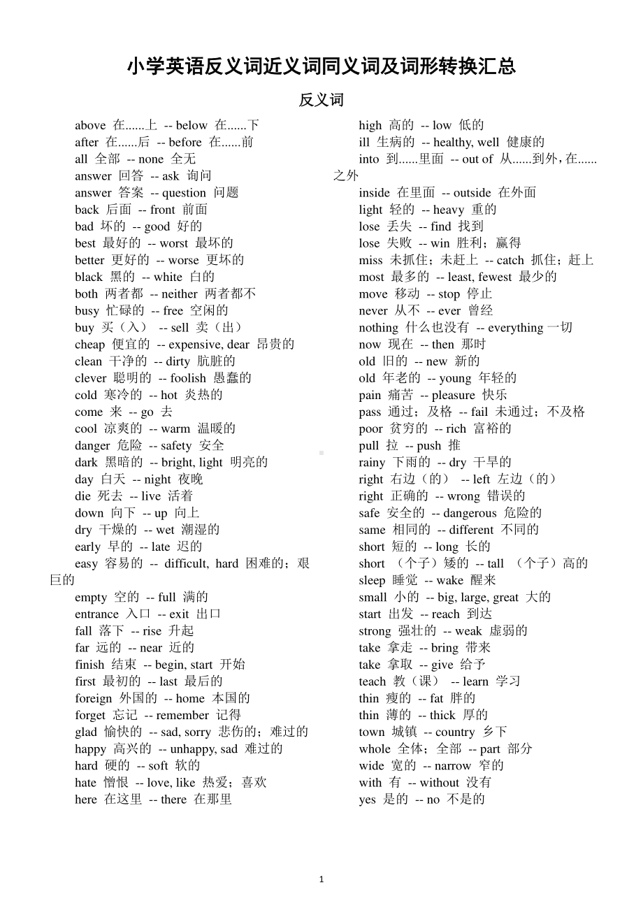 小学英语反义词近义词同义词及词形转换汇总（直接打印每生一份熟记）.docx_第1页