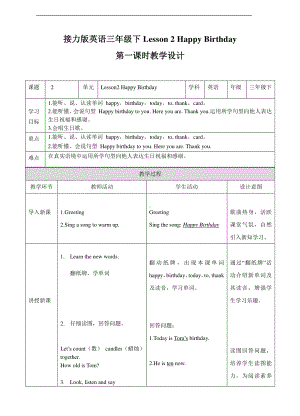 接力版三年级下册英语Lesson 2 Happy birthday!-教案、教学设计--(配套课件编号：d09d1).doc