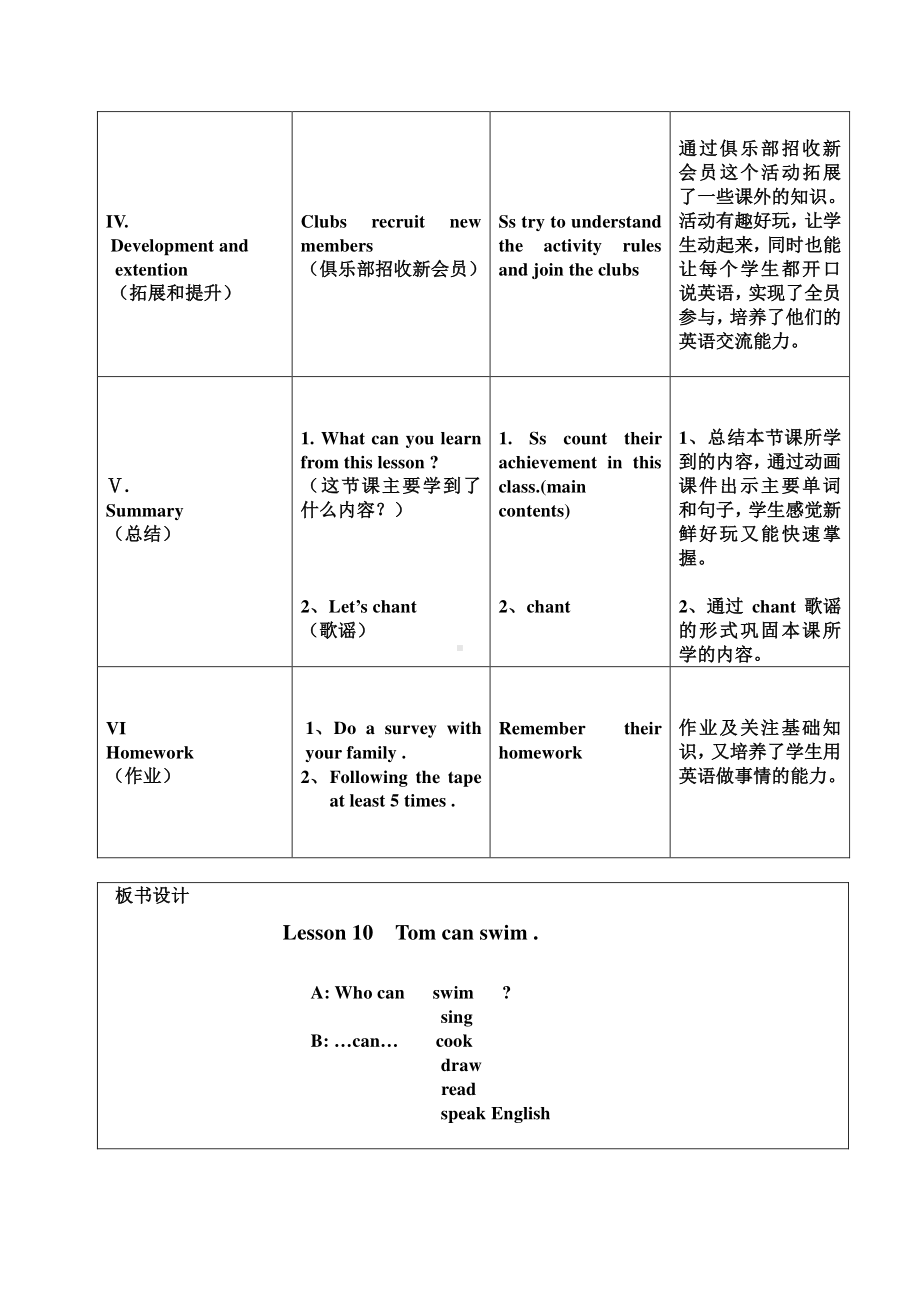 接力版三年级下册英语Lesson 10 Tom can swim.-教案、教学设计--(配套课件编号：801d7).doc_第3页