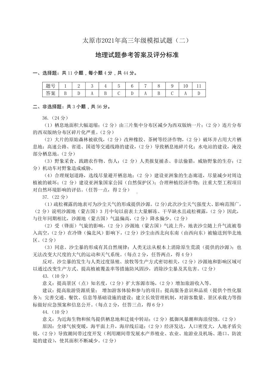 山西省太原2021年高三年级模拟考试（二）地理答案.pdf_第1页