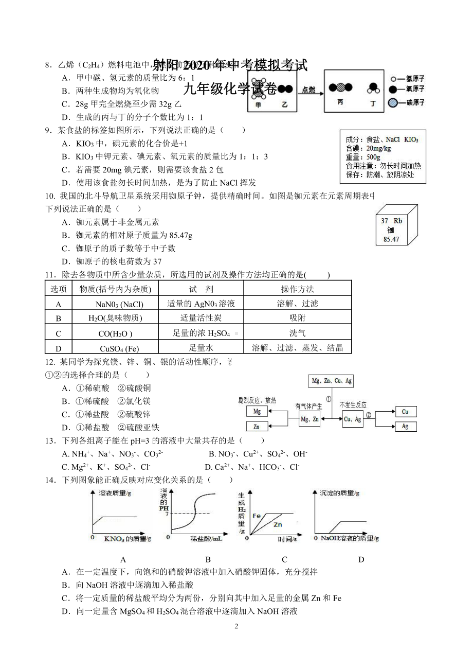 2019-2020盐城射阳初三化学二模试卷及答案.pdf_第2页