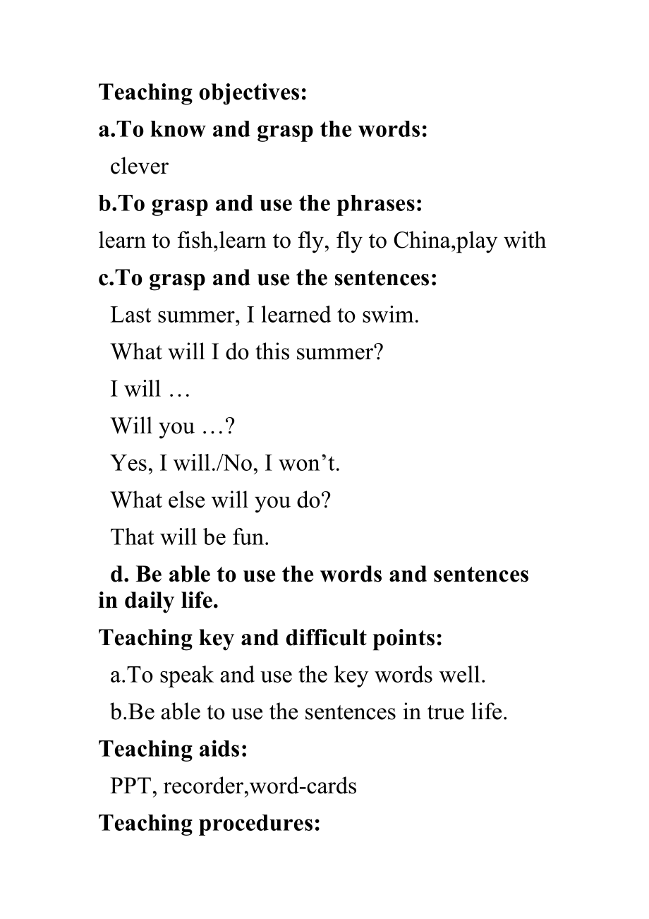 冀教版（三起）六下Unit 3 What Will You Do This Summer -Lesson 17 Danny’s Summer Holiday-教案、教学设计-市级优课-(配套课件编号：50bbc).docx_第2页