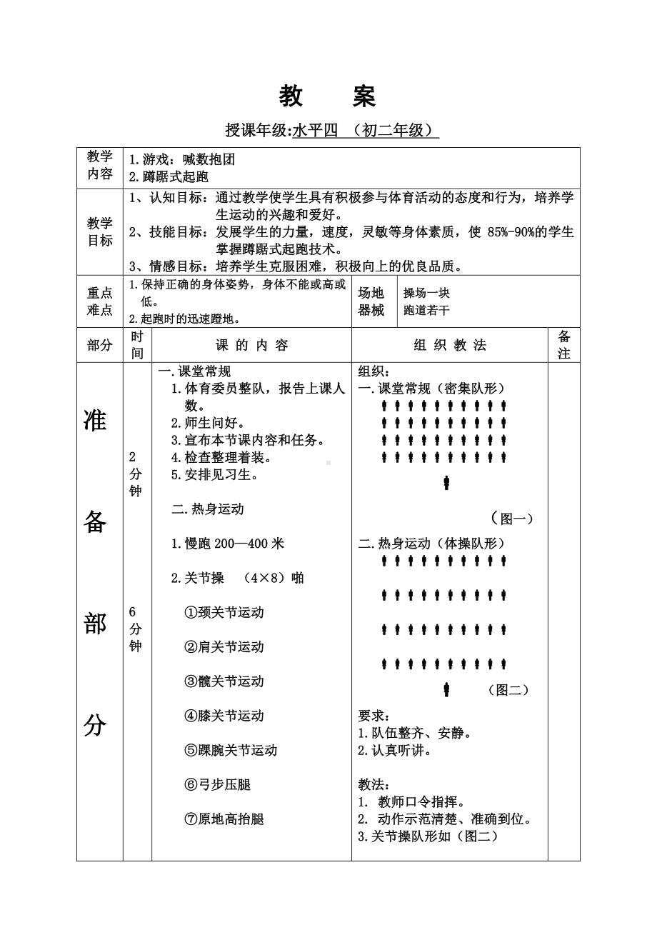 2020-2021学年人教版八年级体育全一册：第2章 田径蹲踞式起跑-教案.doc_第1页