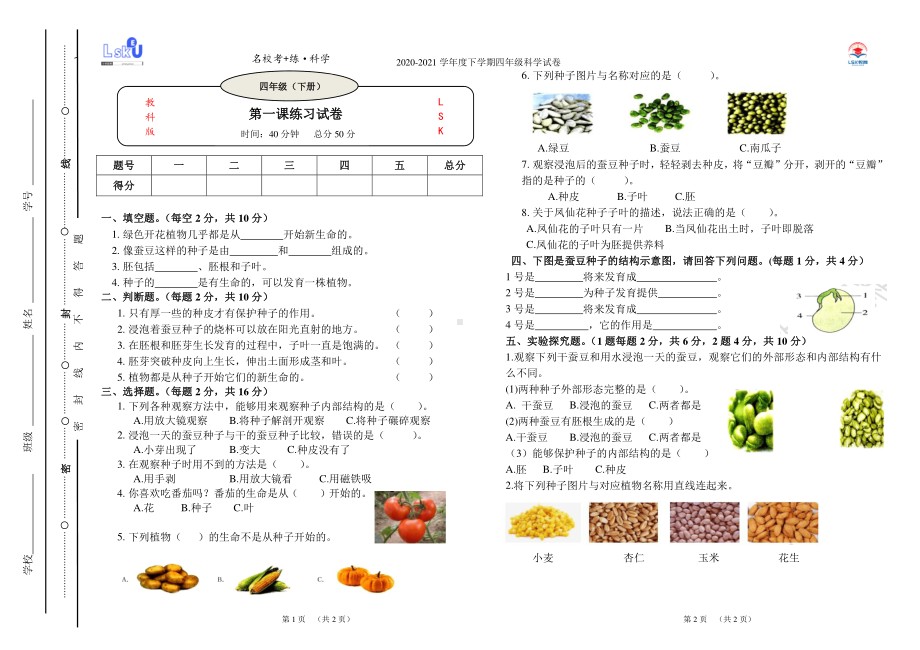 2021新教科版四年级下册《科学》1.1《种子里孕育着新生命》练习题（含答案）.doc_第1页