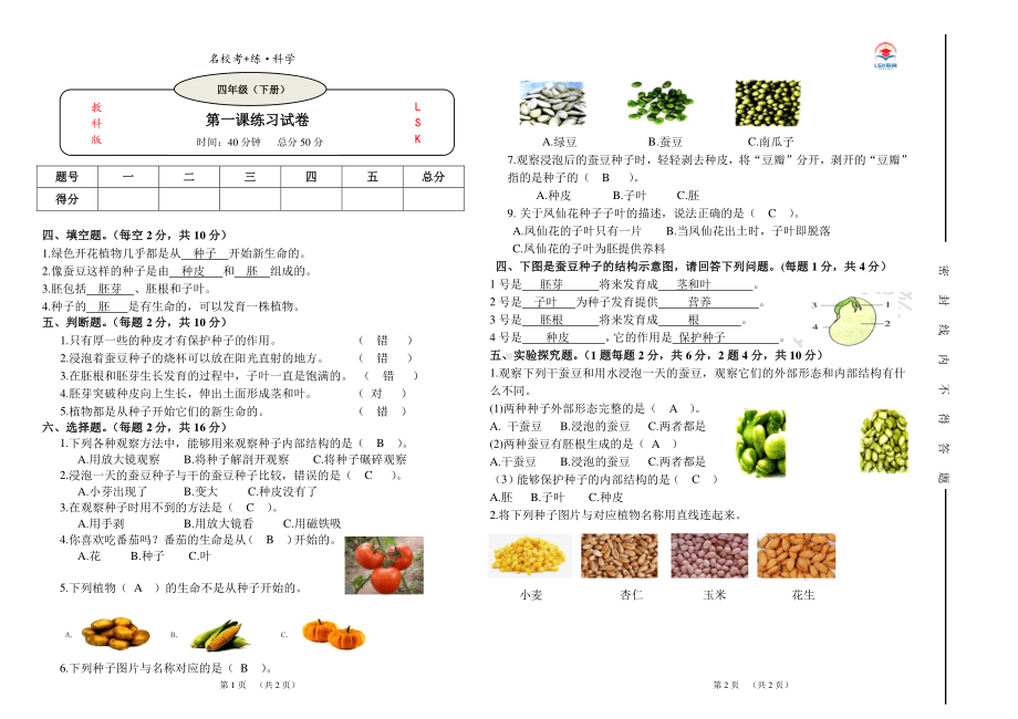 2021新教科版四年级下册《科学》1.1《种子里孕育着新生命》练习题（含答案）.doc_第2页