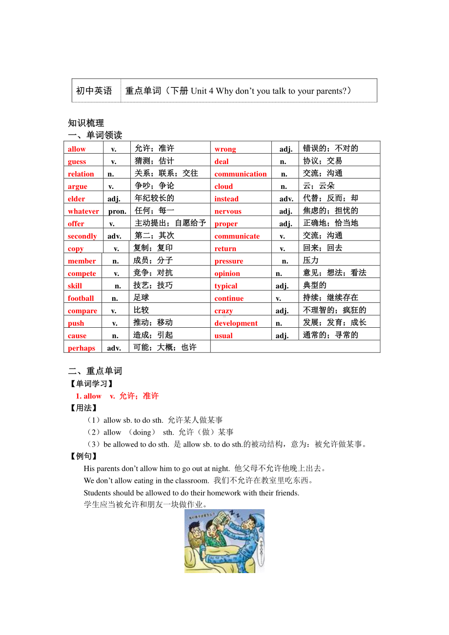 2021年春人教新目标八年级英语下册知识讲义重点单词（Unit 4 Why don’t you talk to your parents）.doc_第1页