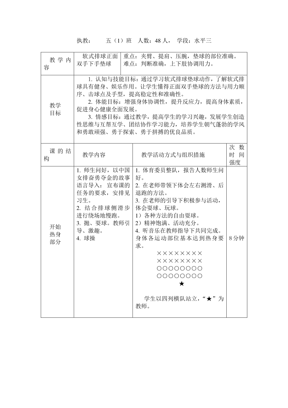 五年级下册体育教案：《软式排球正面下手双手垫球》-通用版.doc_第3页