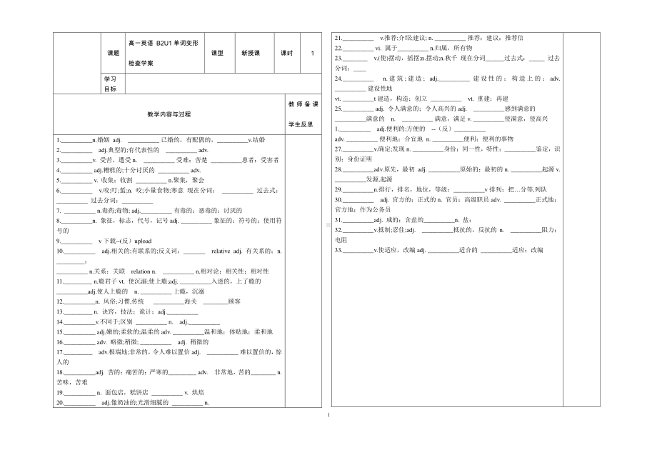 2021版外研版必修二英语Unit1单词变形检查学案.doc_第1页