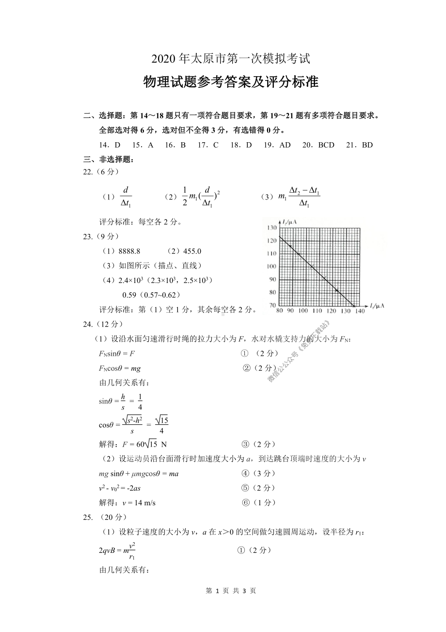 2020年太原市高三一模考试物理参考答案(1).pdf_第1页