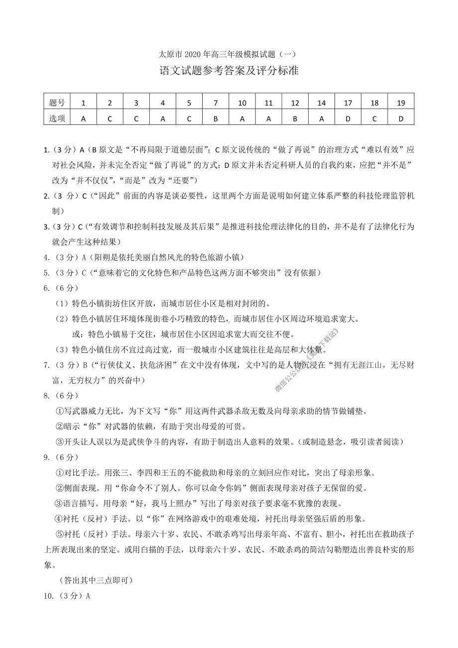 2020年太原市高三一模考试 语文答案.pdf_第1页