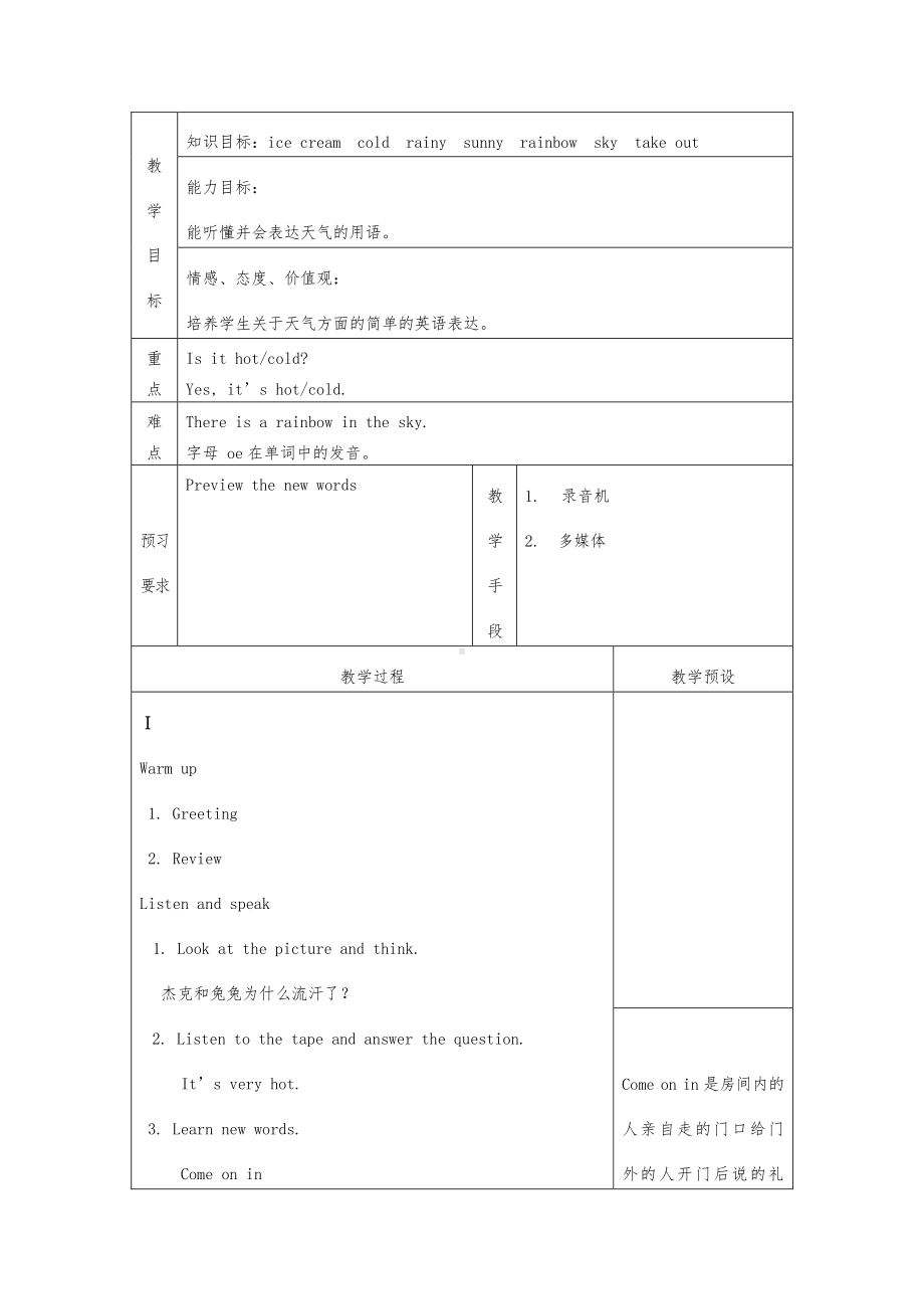 教科EEC版三下-Unit8 It's Hot-Class 1 Textbook p.60-教案、教学设计--(配套课件编号：90224).doc_第1页