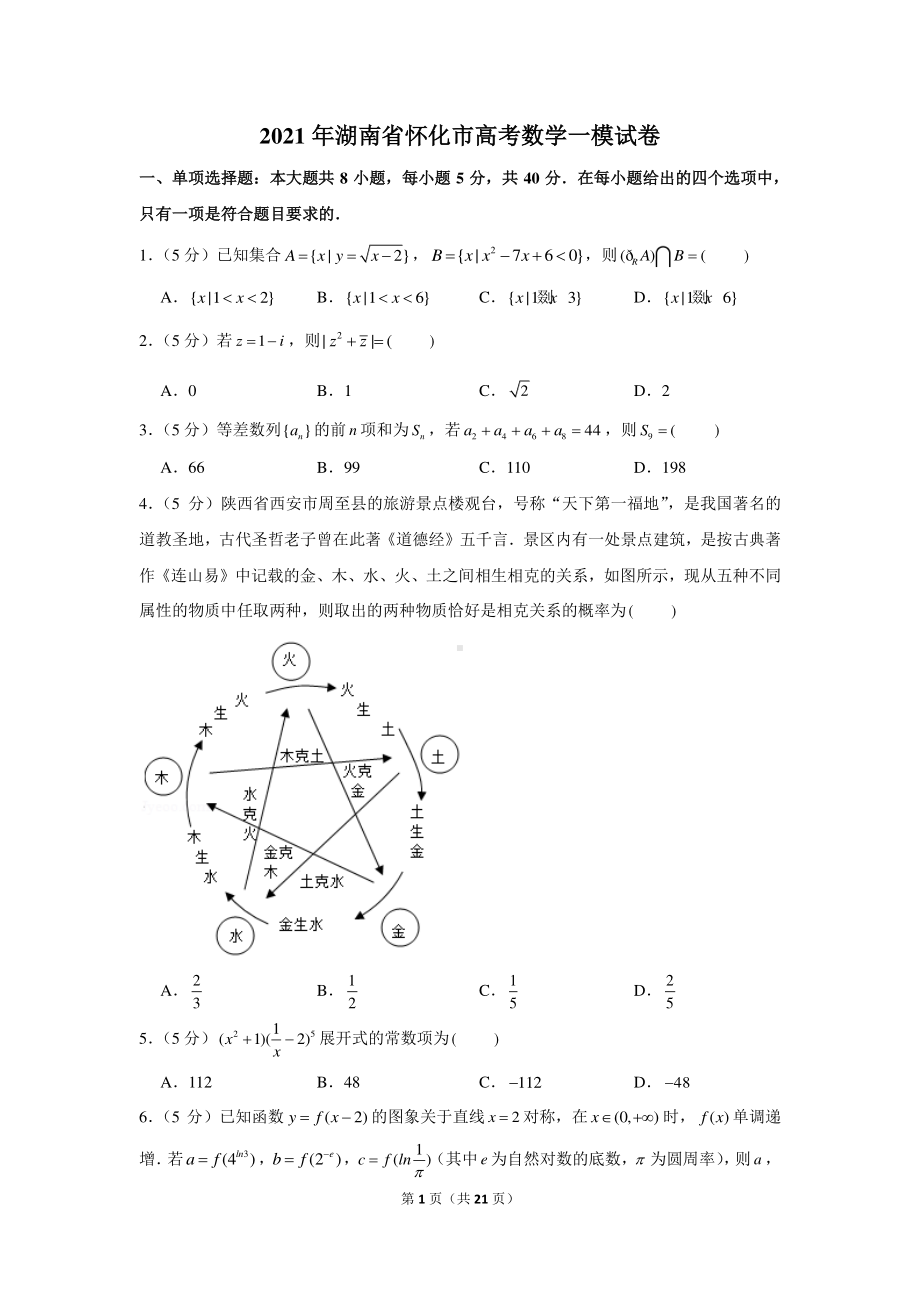 2021年湖南省怀化市高考数学一模试卷.docx_第1页