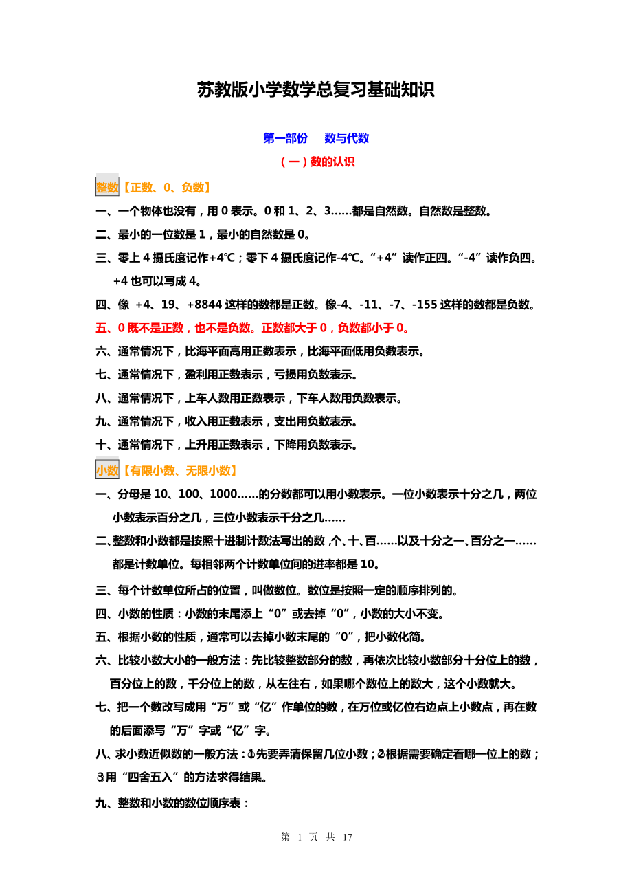 苏教版小学数学毕业班总复习知识点总结.pdf_第1页