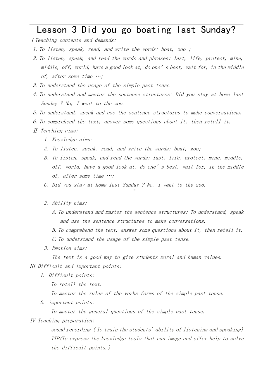 科普版六年级下册Lesson 3 Did you go boating last Sunday -教案、教学设计--(配套课件编号：101d2).docx_第1页