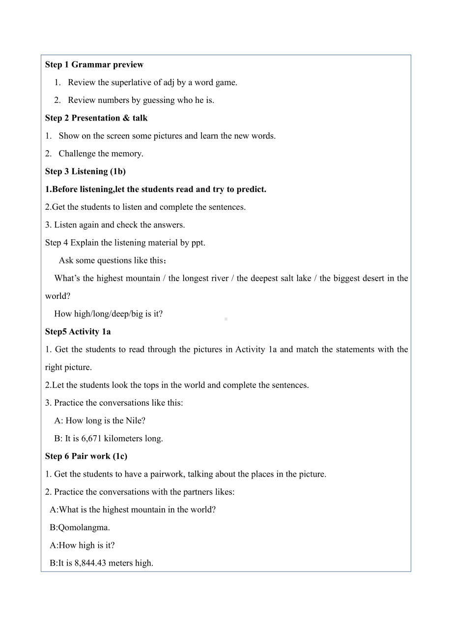 人教版八下-Unit 7 what's the highest mountain in the world -Section A 1a—2d-教案、教学设计-省级优课-(配套课件编号：921ba).doc_第2页