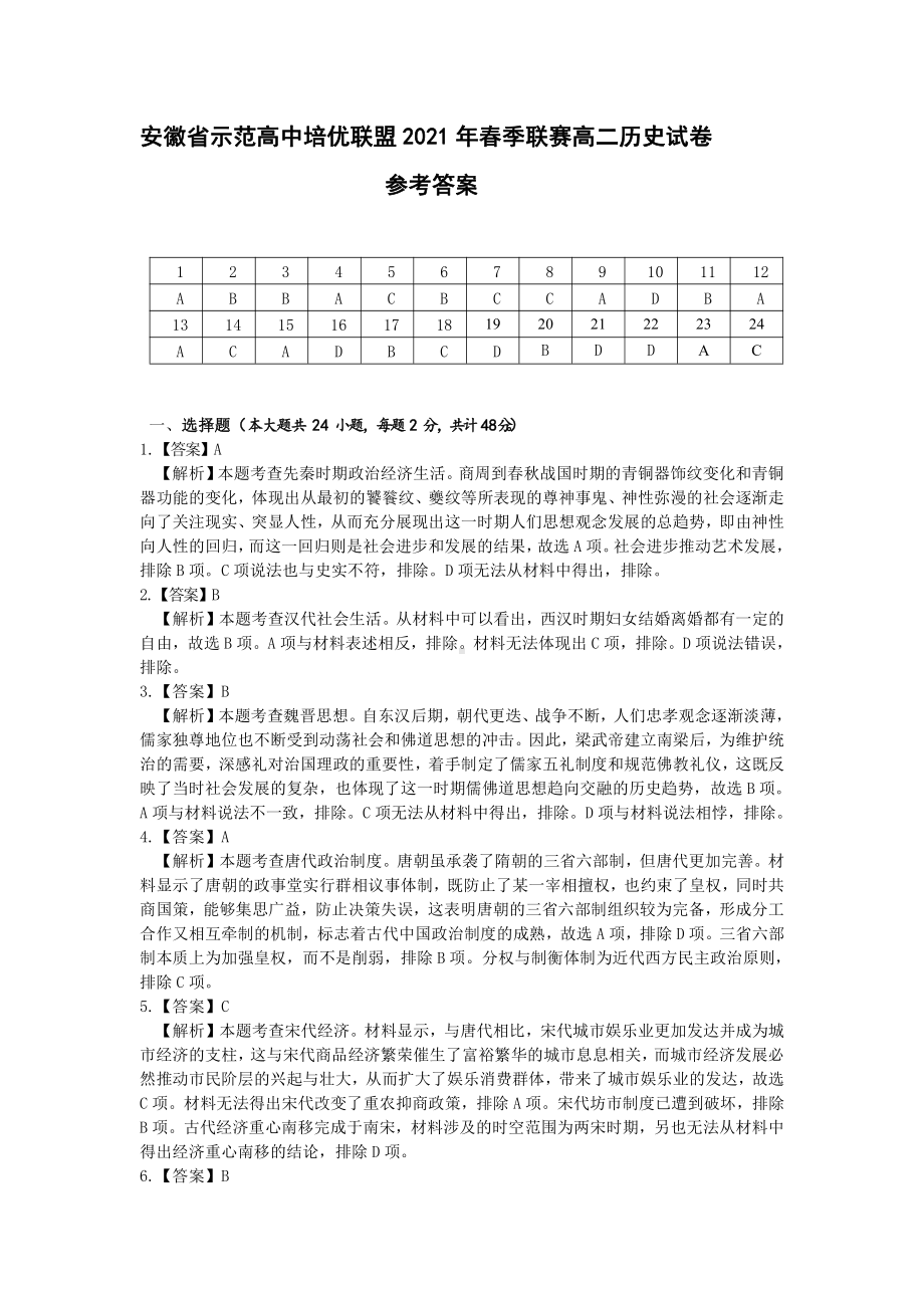 （安徽省示范高中培优联盟２０２１年春季联赛（高二）） 历史参考答案.pdf_第1页