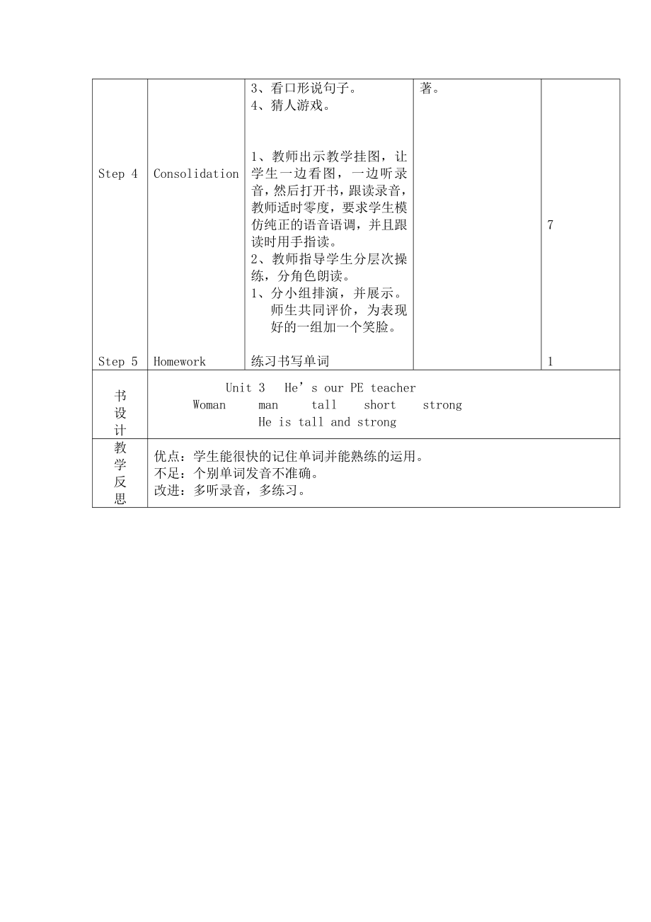 辽宁师大版四下英语Unit 3 He's our PE teacher-教案、教学设计-公开课-(配套课件编号：22ee4).doc_第2页