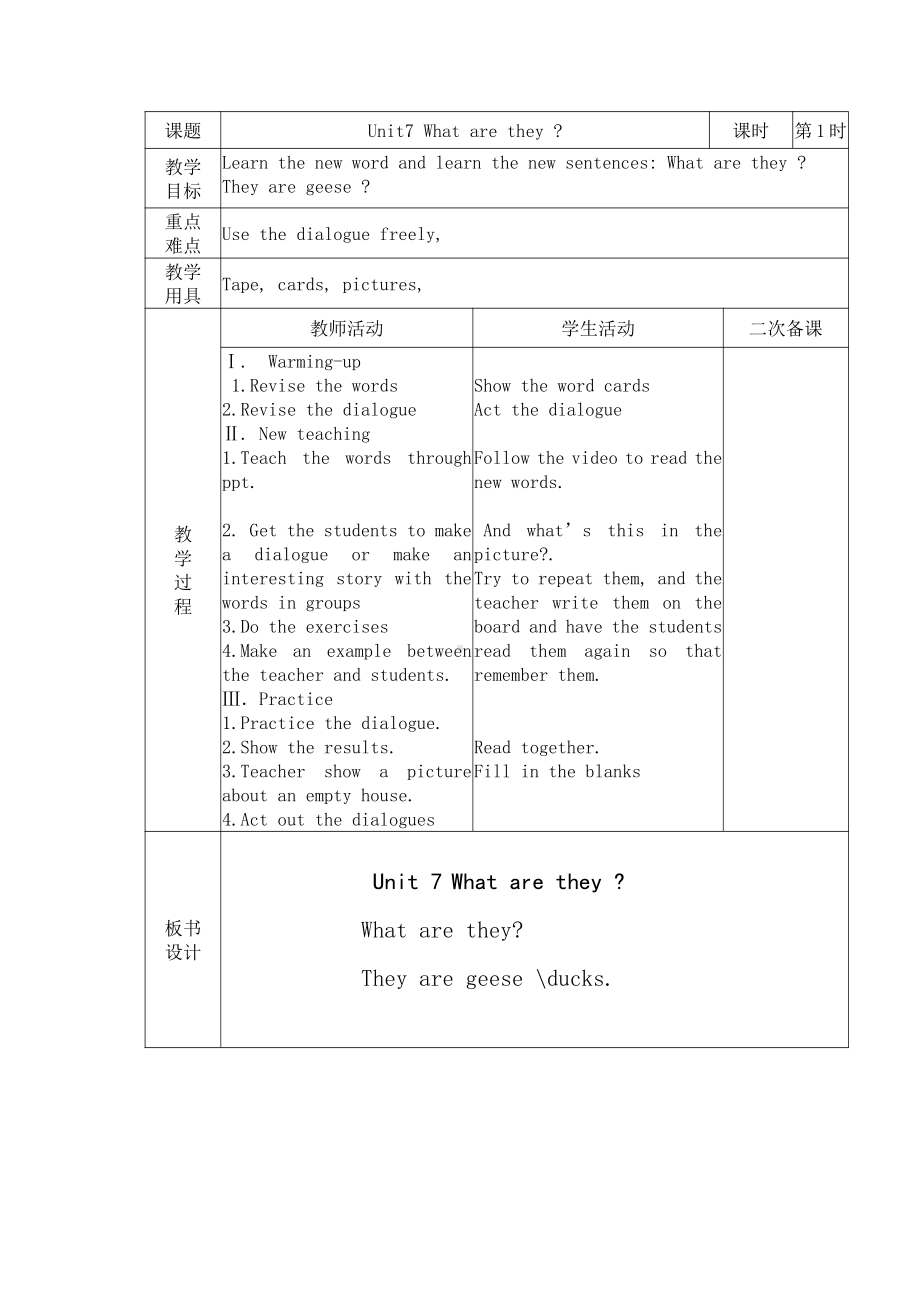 辽宁师大版四下英语Unit 7 What are they -教案、教学设计-公开课-(配套课件编号：3019f).doc_第1页