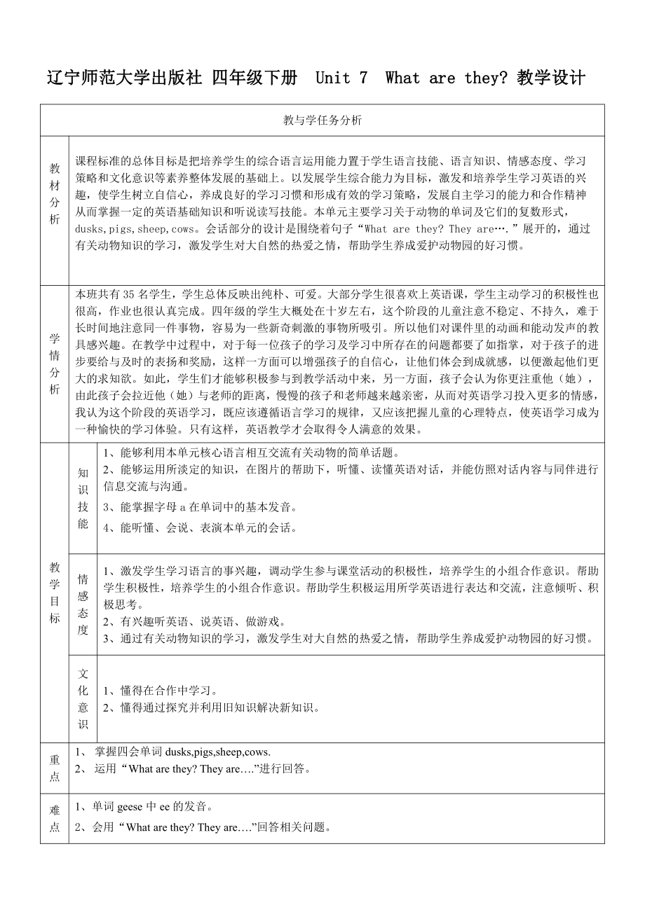 辽宁师大版四下英语Unit 7 What are they -教案、教学设计-公开课-(配套课件编号：f023a).doc_第1页