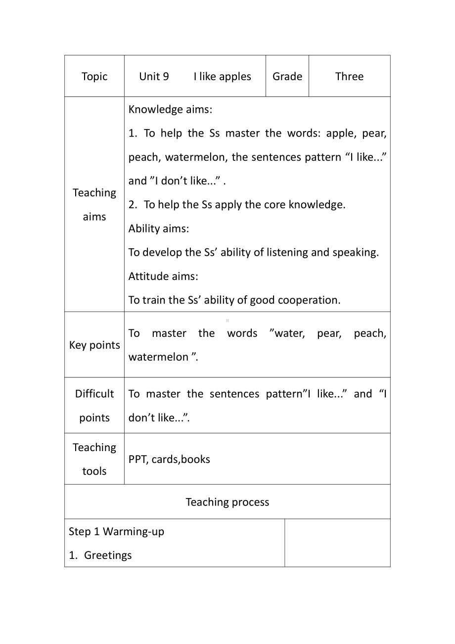 辽宁师大版三年级下册-Unit 9 I like apples.-教案、教学设计-市级优课-(配套课件编号：00174).doc_第1页